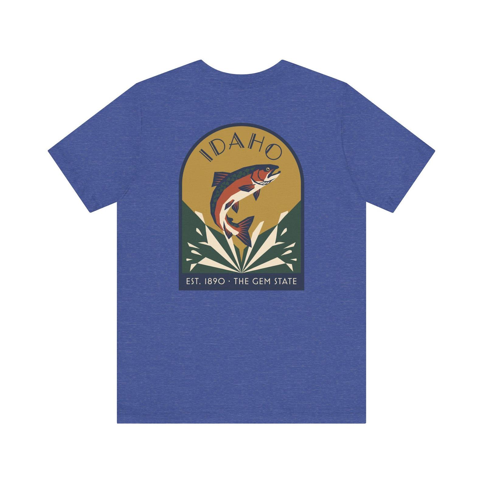 Idaho Trout Art Deco T-Shirt | Vintage Fish Badge Graphic Tee | Idaho State Nature Pride Gift M