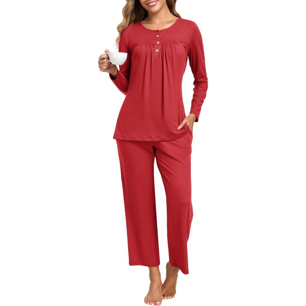 Women's Long Sleeve Pajama Set: 2-Piece with Pockets, Casual Homewear - Long Pants