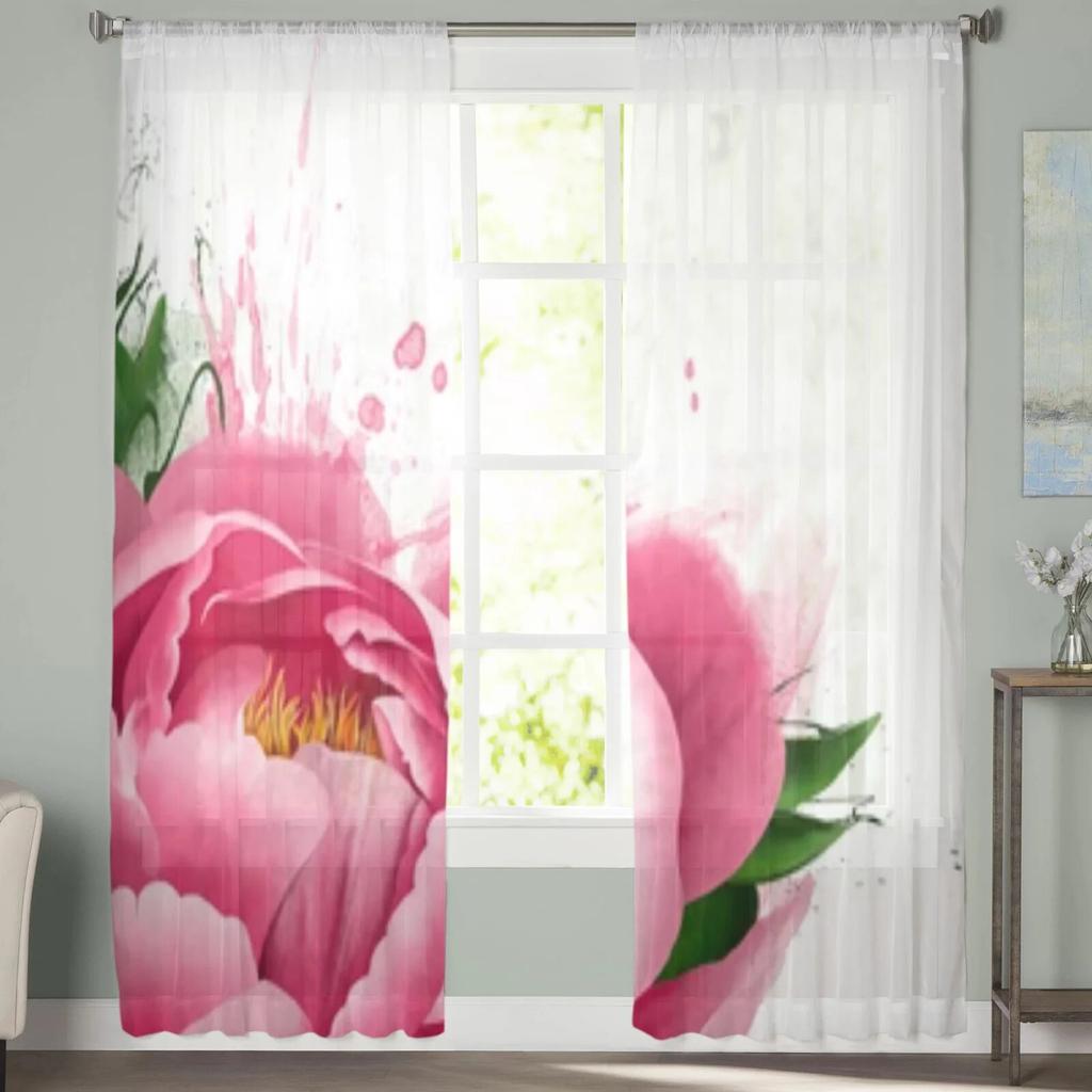 Rosa Pfingstrose Chiffon Gardinen für Wohnzimmer Schlafzimmer Dekoration Fenster Tüll Vorhänge Vorhänge