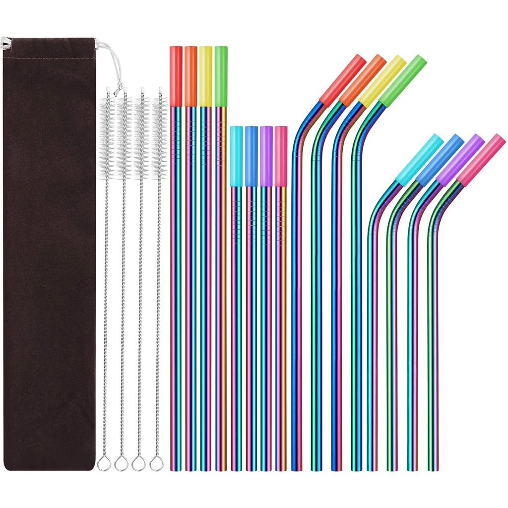 1 set- stainless steel straw set silicone mouth portable metal straw brush set of 16 pieces (4 straw brushes +16 straws +16 sili