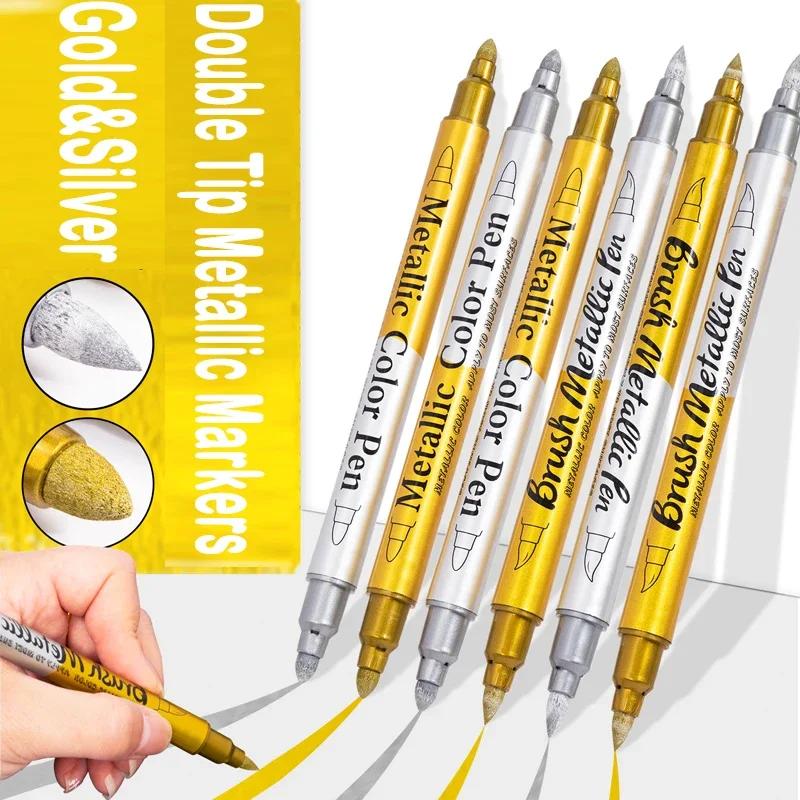 Double Tip Metallic Gold Silver Marker Pen Permanent Art Marker Crafts DIY Painting Pens Card Making Stationery Art Supplies