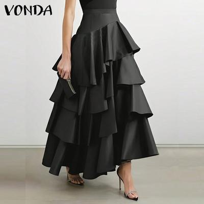 Women Fashion Solid Color Front Layered Ruffle Hem Skirts