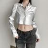 Womens Short PU Leather Jacket American Tech Style Slim Fit Stand Collar Zip Up Outerwear