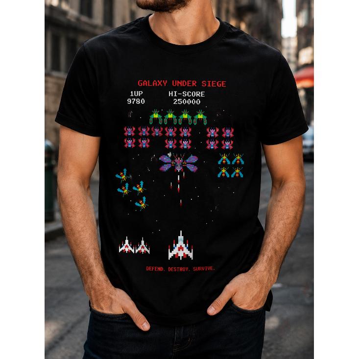 Men's Retro Arcade Space Shooter T-Shirt 8-Bit Pixel Art Galaxy Under Siege Short Sleeve Crewneck Tee For Gamers And Geeks