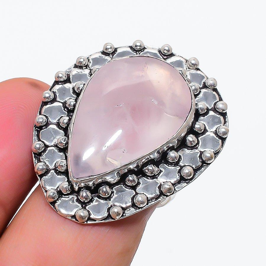Natural Rose Quartz Gemstone 925 Sterling Silver Jewelry Ring Size 8 m1F86