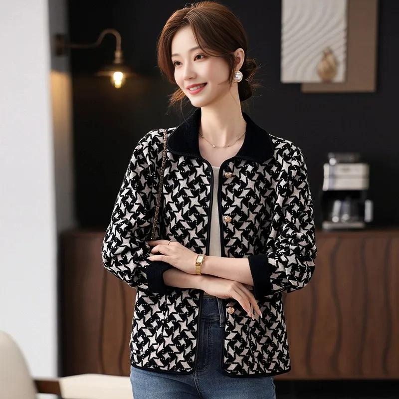 

Mom s spring new noble lapel jacket medium old girl spring and autumn short knitted cardigan top One Size чёрный