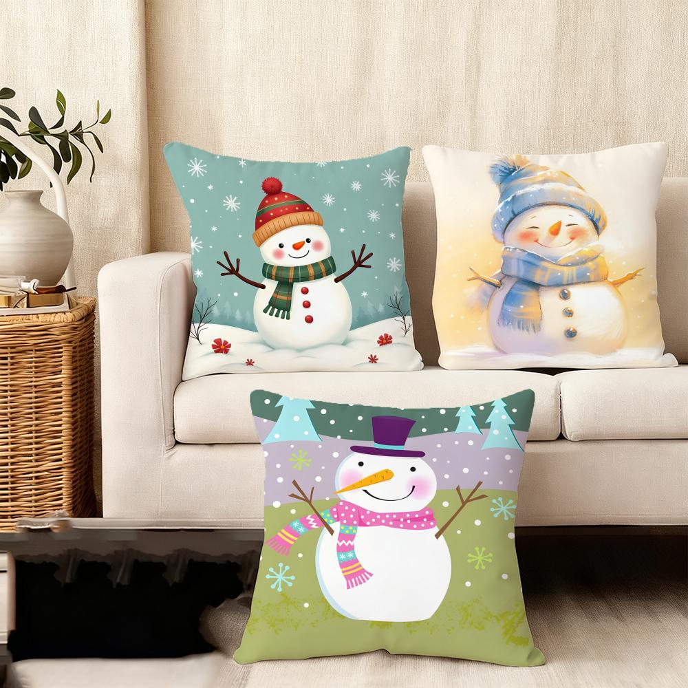 Snowman Cute Cushion Cover Plush Fabric Soft DoubleSided Printed Sofa Warm Winter Home Child Gift Pillow Case
