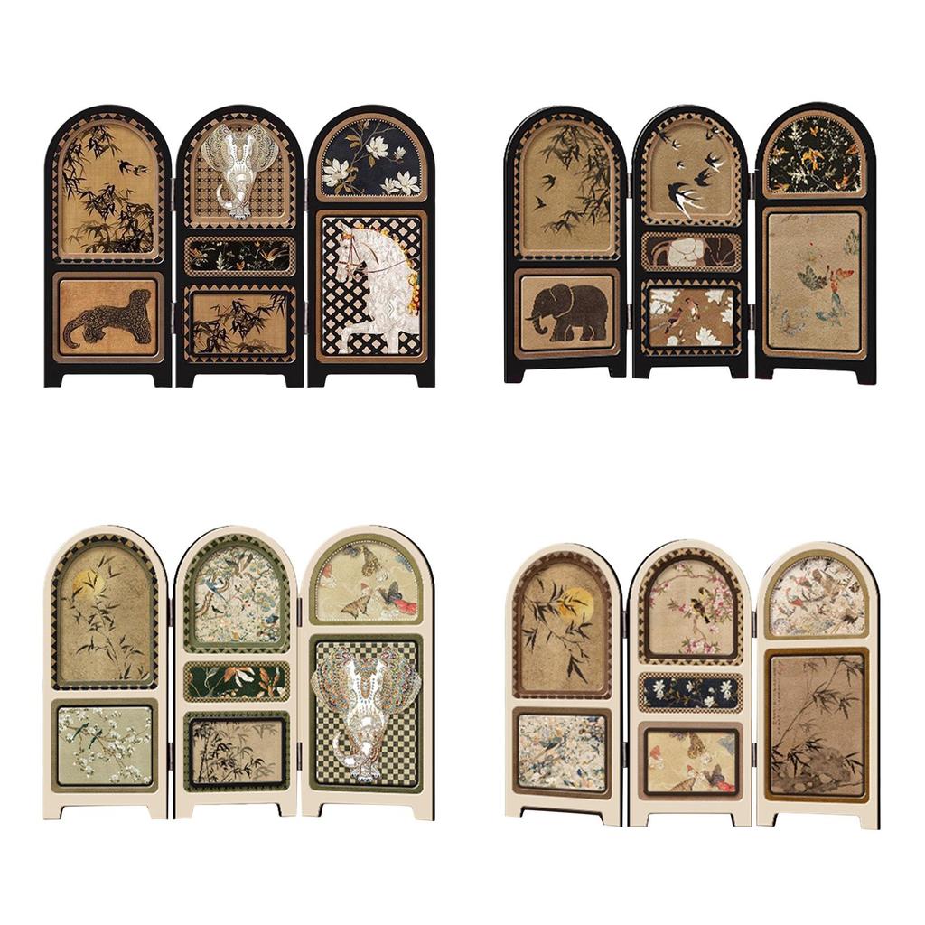 Chinese Design Screen Decoration Collectible Crafts Desk Partition 3 Panel Divider for Office Fireplace Countertop Dining Room