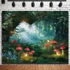 2D Fantasy Fairycore Wandteppich Verzauberter Grüner Wald mit Roten Pilzen Wandkunst