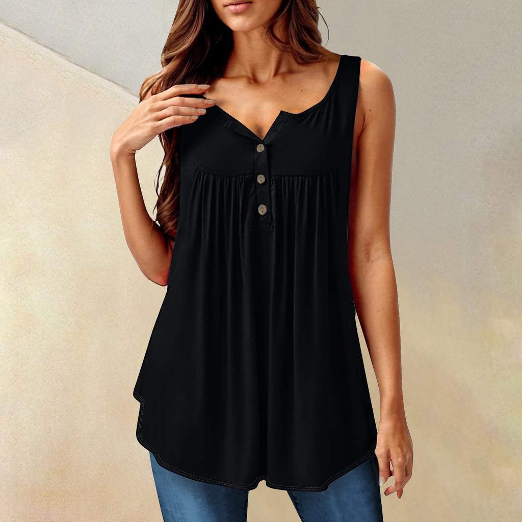 Women's Fashion Color Pleated Sleeveless Casual T-shirt Vest Button Top