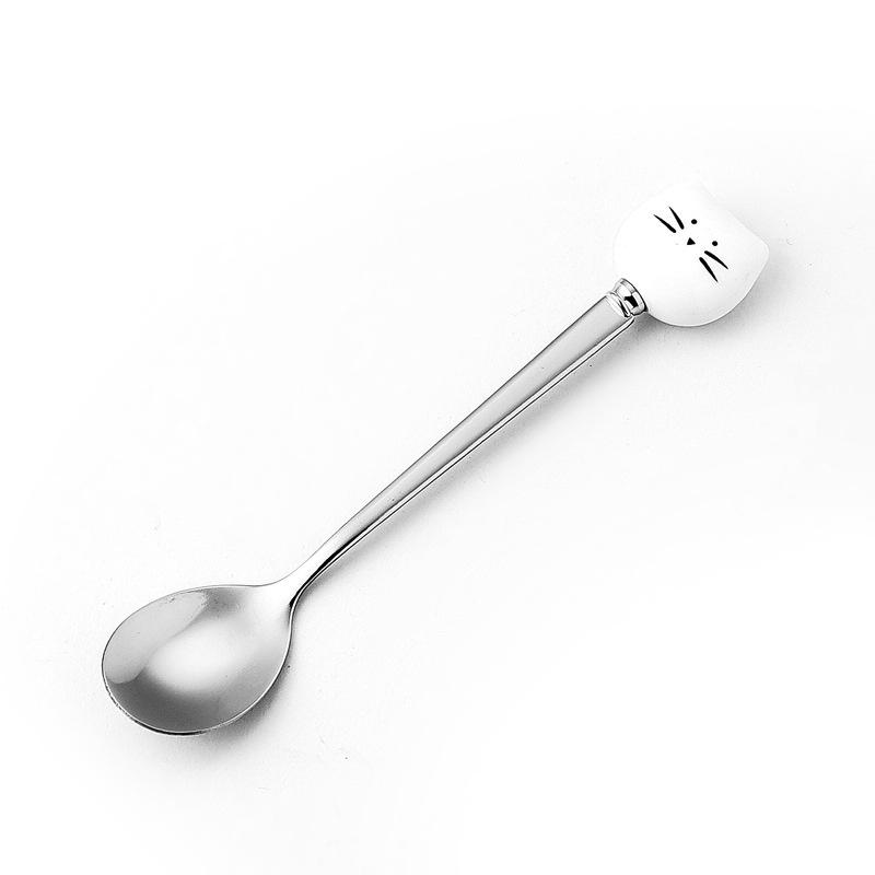Cute Black/White Cat Stainless Steel Spoon Cartoon Lovely Coffee Milk Tea Ceramic Stir Spoon