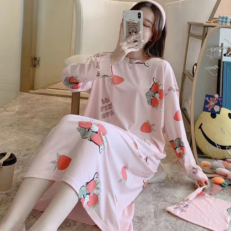 

Осенне-зимняя ночная рубашка с длинным рукавом, женская корейская пижама, милая студенческая домашняя одежда больших размеров средней длины, подарок на день рождения, Рождество One size