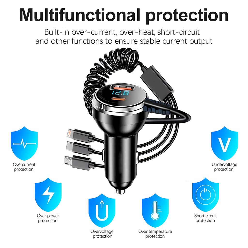 5 In 1 USB C Car Phone Charger Adapter with Voltage Display Spring Cable 230W Super Fast Charger for iPhone16 15 Pro Max Samsung