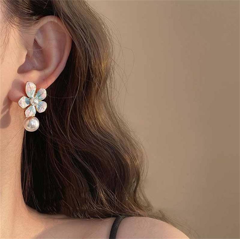 Pink Green Flower Dangle Earrings Imitation Pearl Ball Pendants Lovely Cute Plant Element Enamel Colorful Hanging Earrings