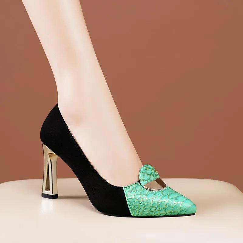 

Мода Сексуальный Модный Стиль Обувь Острый Носок Высокие Каблуки Один Удар Ретро Женская Обувь 2025 Новая Весна Zapatos De Mujer 34 зелёный