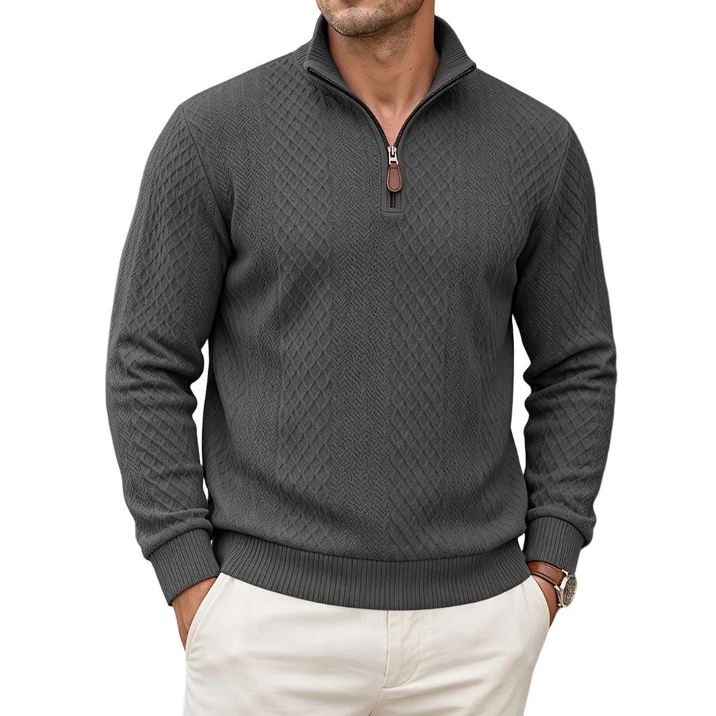 Herren Freizeit Pullover mit halbem Reißverschluss, Stehkragen, langen Ärmeln und Leder-Reißverschlussschieber