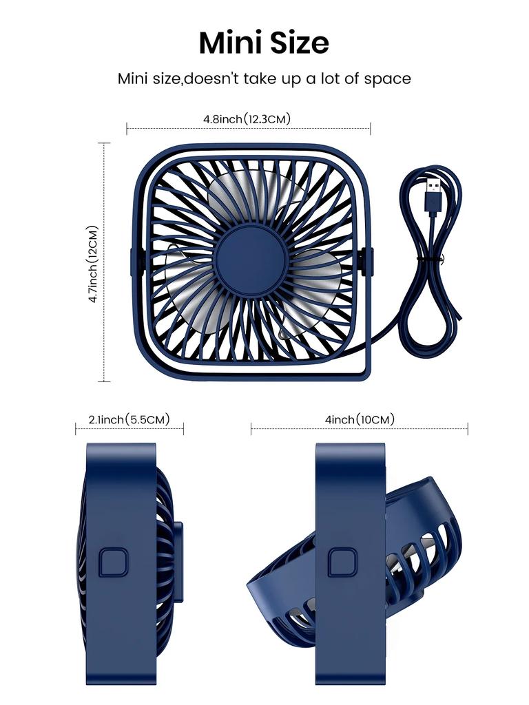 USB Desk Fan Strong Airflow & Quiet Operation 3 Speed Wind Mini Table Fan 360° Rotatable Head for Home Office Bedroom Table