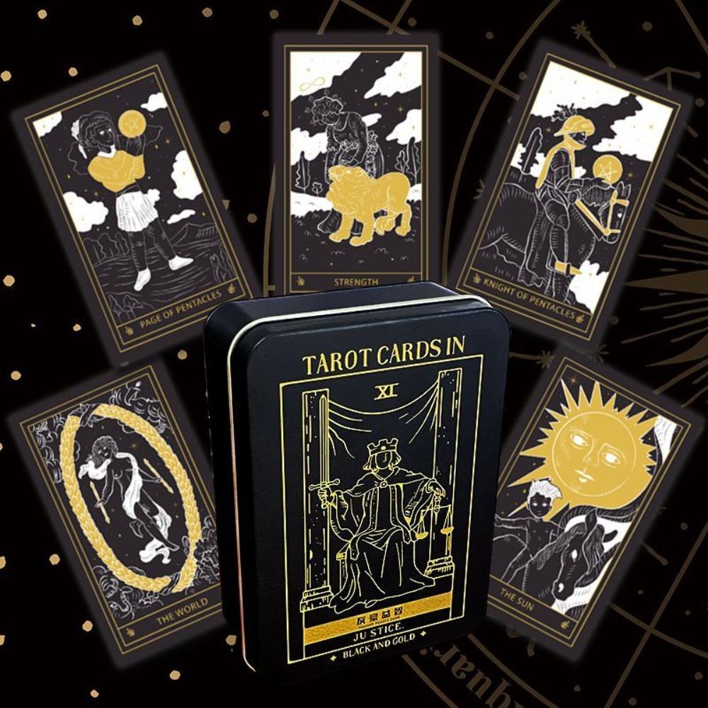 Mystic Noir Elegant Black & Gold Tarot Deck 10*6cm, Full 78-Card Set in Metal Tin, Travel-Size Deck for Wisdom and Guidance