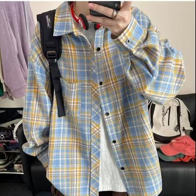 Retro Shirt for Men Wearing Spring and Autumn Plaid Shirt for Men Wearing Teenager Shirt