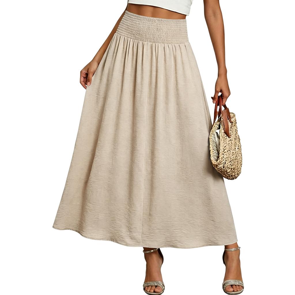 Women's Fashion Casual Color Pocket High Waist Loose Flared Midi Skirt