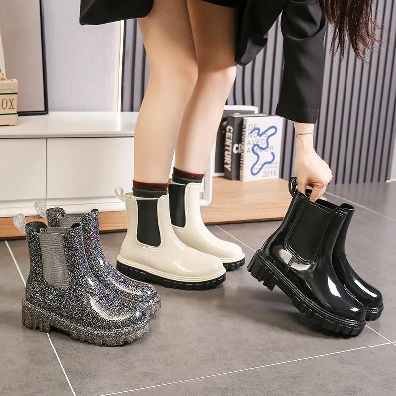 Fashion New Women's Shiny Color Fashion Rain Boots Four Seasons Wearable Water Shoes Ladies Outdoor Waterproof Mid-tube Ankle Boots