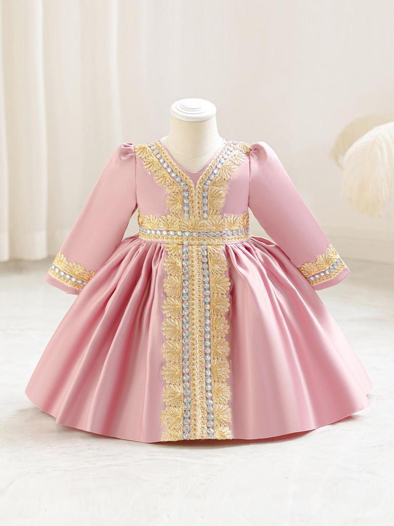 Girls' European & American Floral Princess Evening Dresses: Long Sleeve Banquet Performance Attire