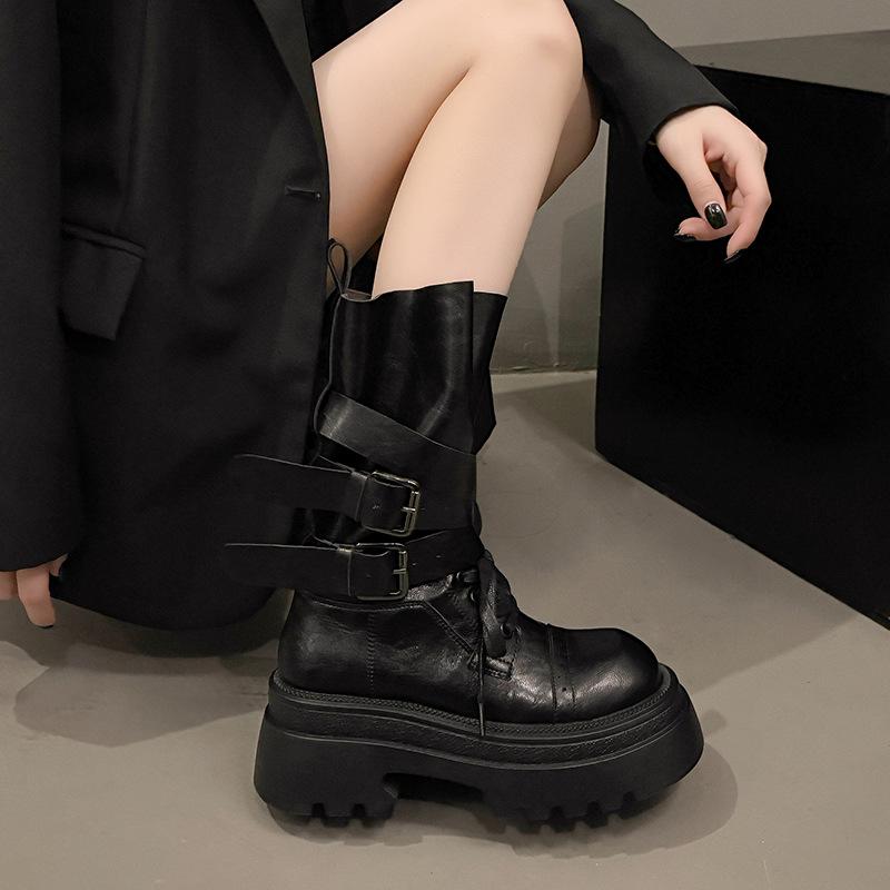 Star with the Same Cool Handsome Martin Boots E Women's 2025 Autumn Fashion Straps Elastic Retro Heightening Medium Tube Fashion