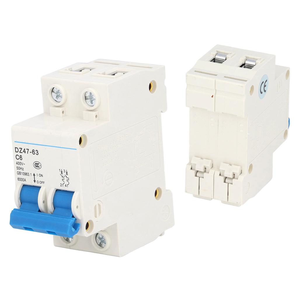 Circuit Breaker Mini 2P MCB DIN Rail Mount 6000A Breaking Capacity 400V 6A for Home Office