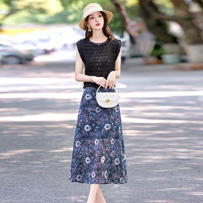 Fashion Suit Skirt Women's Summer New Fringed Sleeveless Top Slim Printed Skirt Two-piece Set