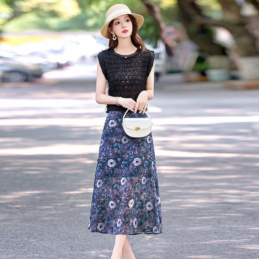 Fashion Suit Skirt Women's Summer New Fringed Sleeveless Top Slim Printed Skirt Two-piece Set