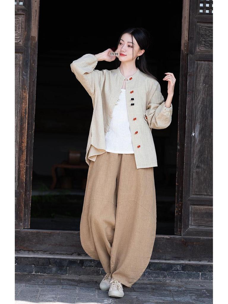 Women's Retro Cotton Linen Color Block Frog Button Cardigan Shirt