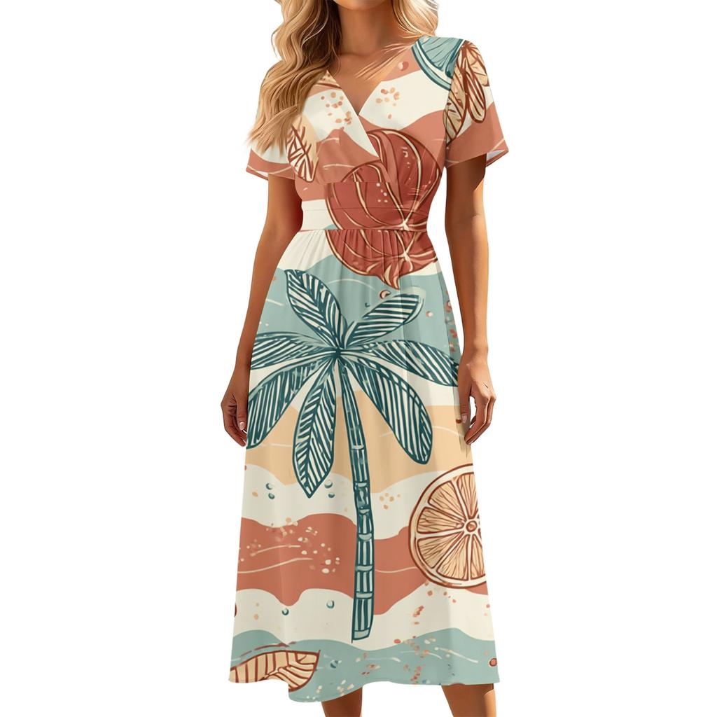 Vestido Casual de Manga Corta con Cuello en V para Mujer, Estampado Hawaiano, Verano, Longitud Media, Línea A, Ropa de Playa, Vestido de Verano para Vacaciones