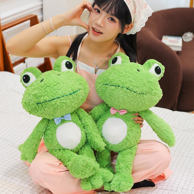 Cuscino Peluche Rana con Fiocco a Scacchi Decorazione per Camera da Letto Bambini Regalo per Bambine
