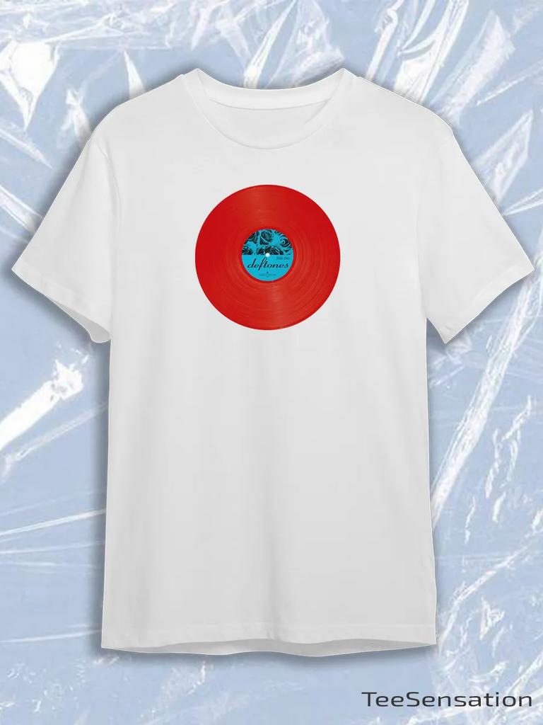 TeeSensation White Crew Neck Short Sleeve T-Shirt with Red Deftones Vinyl Record Print
