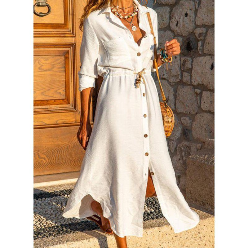 

European Amazon EBay Lapel Long Sleeve Dress White M