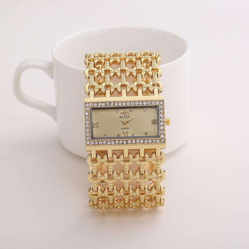 hot! REALY Women's Quartz Diamond Case Alloy Bracelet Square Watch with Super Thin Hollow Strap