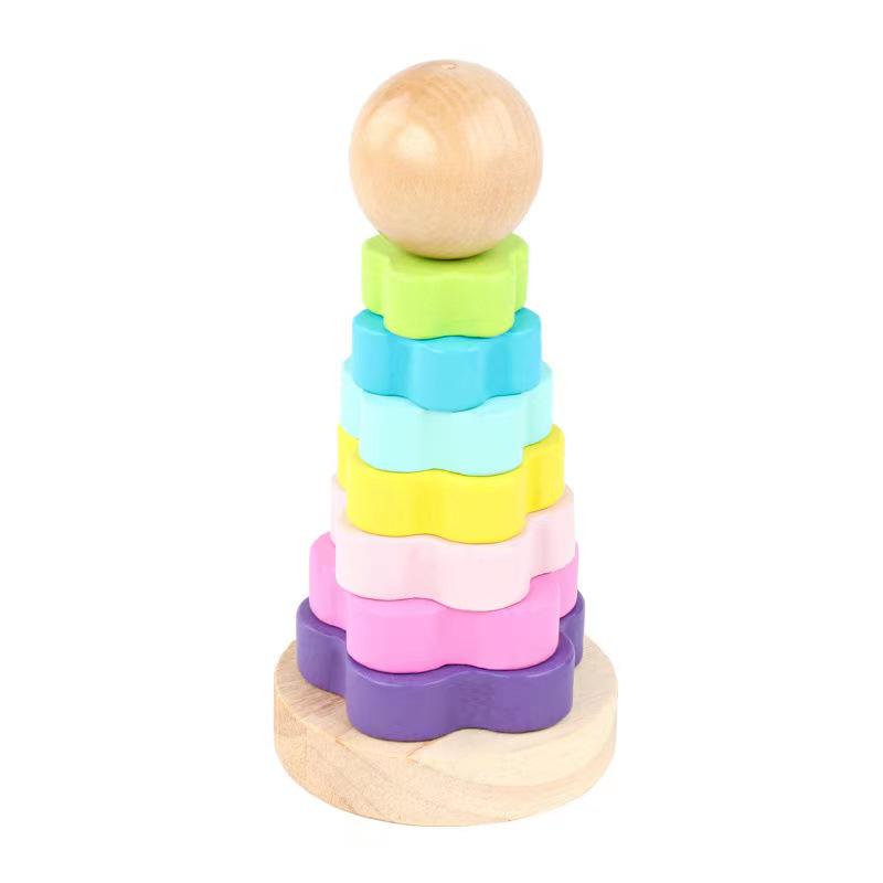Drewniana tęczowa wieża do układania: Zabawka edukacyjna do wczesnej nauki dzieci i aktywności rodzic-dziecko
