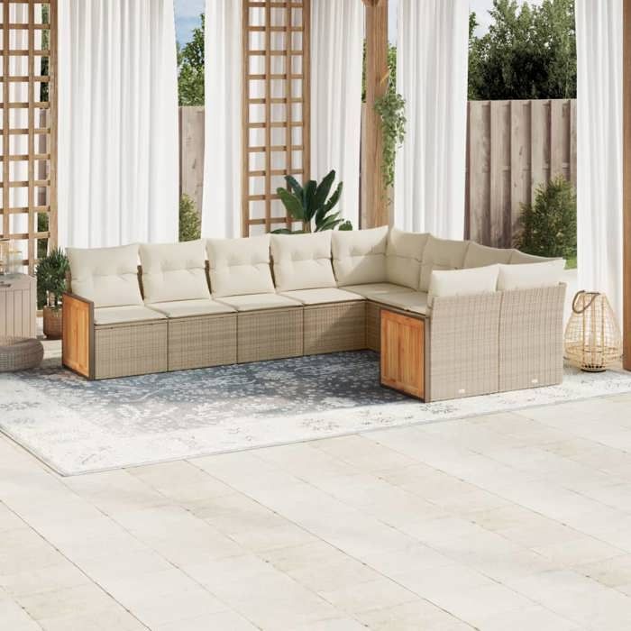 VidaXL Salon de Jardin avec Coussins 9 pcs, Canapés de Terrasse, Ensemble de Meubles de Patio, Mobilier d'Extérieur, Beige 3260385