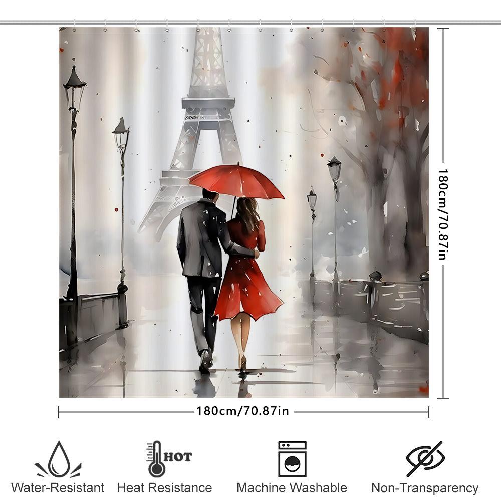 Romantic Paris Eiffel Tower Couple Under Red Umbrella Waterproof Shower Curtain For Bathroom Decor Waterproof Polyester
