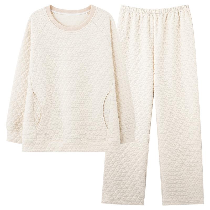 Air Cotton Sandwich Pajamas Women'S Autumn And Winter Cotton Long-Sleeved Thickened And Wearable Loungewear Set