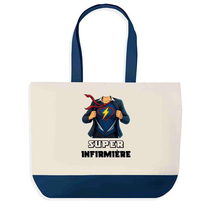 Tote bag - PLANETEE - Sac shopping fond bleu Super Infirmière - Bleu - Coton 40x45 cm - Grand format