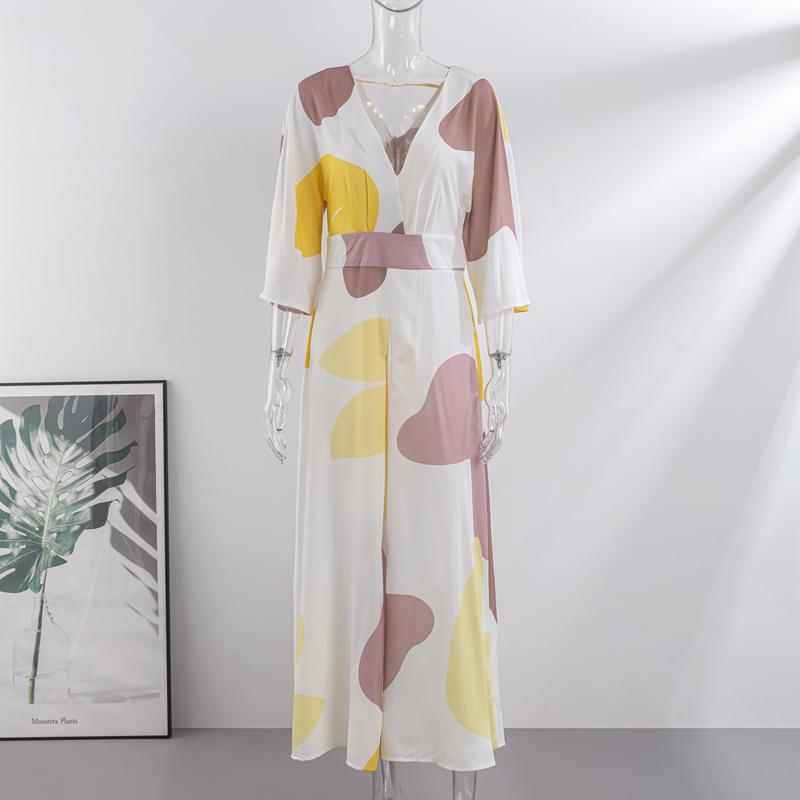 

Модное платье с V-образным вырезом и принтом, закрывающее талию, женское весеннее элегантное облегающее платье с высокой талией, женская одежда для поездок на работу 2XL цветочные печати