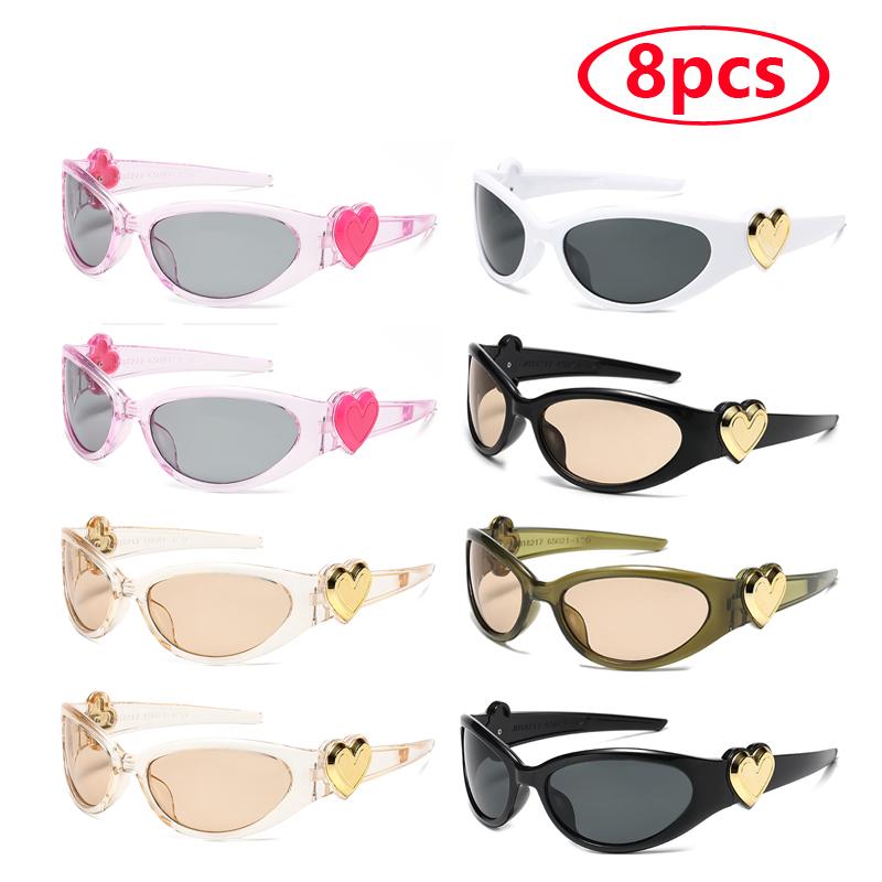 8pcs Heart Style Sunglasses Women Men Y2K Trendy Wrap Around Sports Sun Glasses Goggles Sun Glass Shades Eyewear UV400