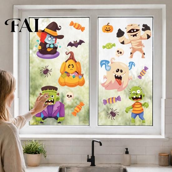 Indoor Outdoor Festive Supplies Halloween Static Window Clings, Cartoon Ghost Pumpkin Witch Monsters Decals, Waterproof Decorative Decals