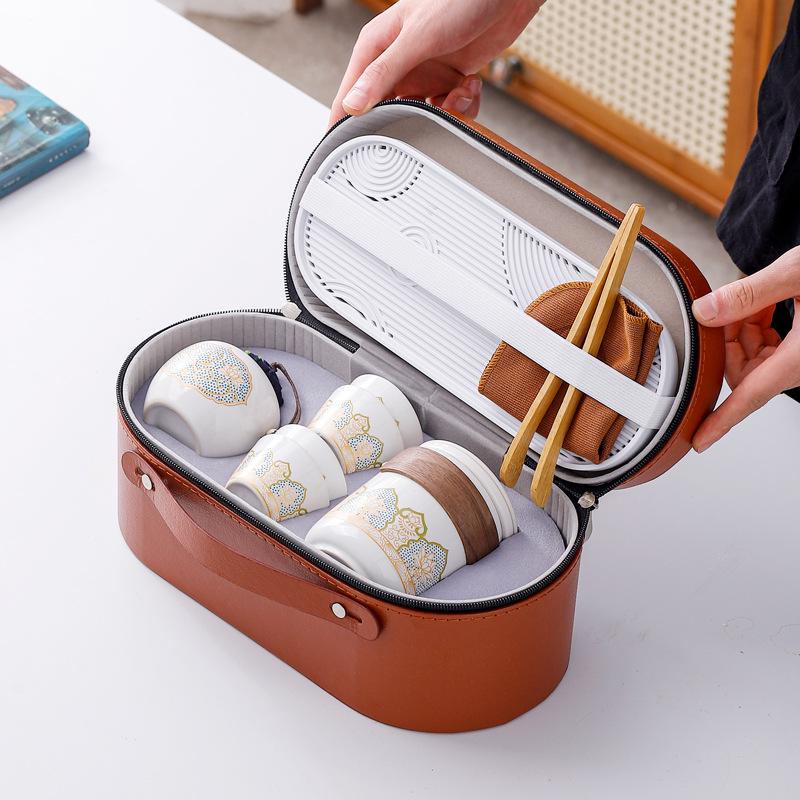 Ceramic Travel Tea Set with Tray - Portable Cup for Outdoor Anniversaries & Custom Souvenirs