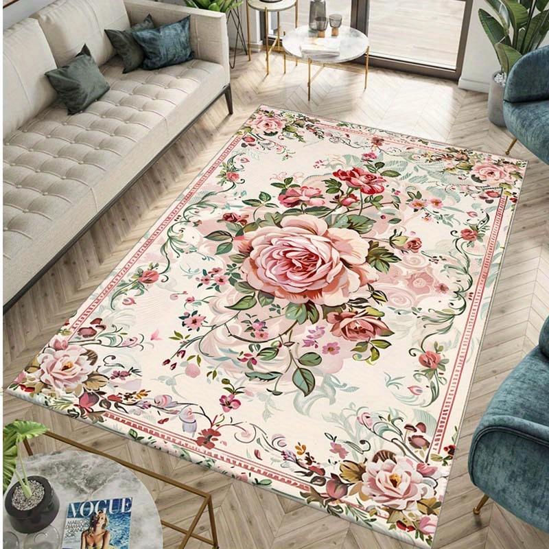 Luxurious Vintage Floral Print Area Rug Non-Slip Machine Washable Floor Mat for Living Room Bedroom Office Decor Washable Carpet
