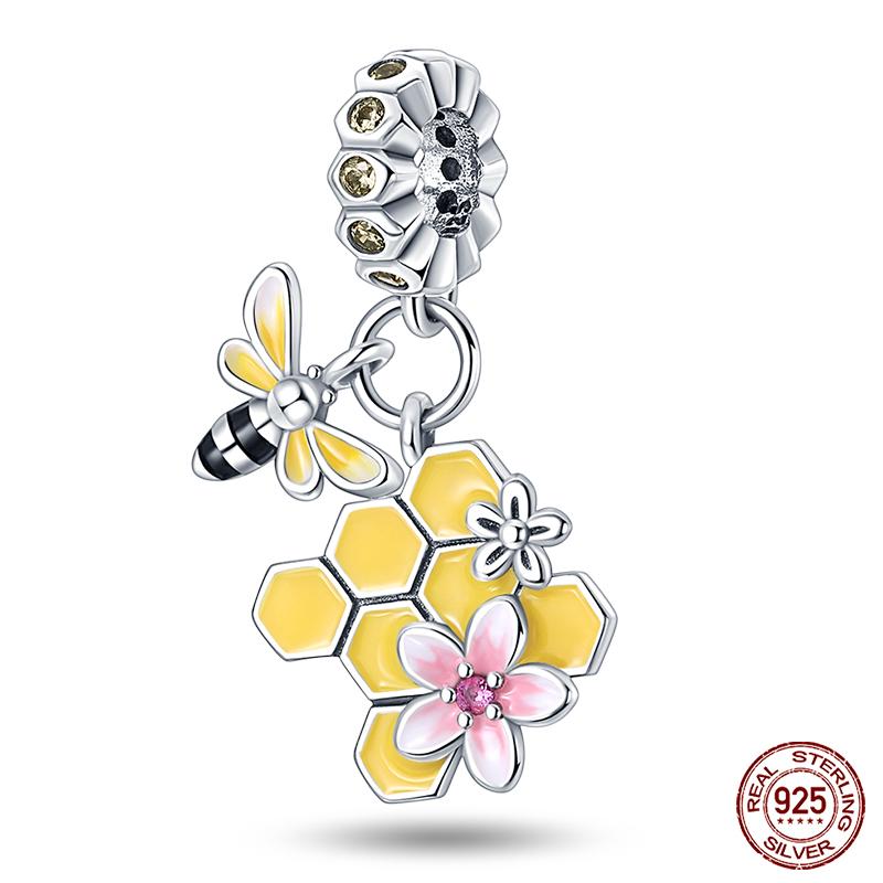 925 Sterling Copper Golden Sunflowers Heart Beads Pendant Charms Beads Fit 4MM Hole Diameter Bracelets Luxury Party DIY Zircon