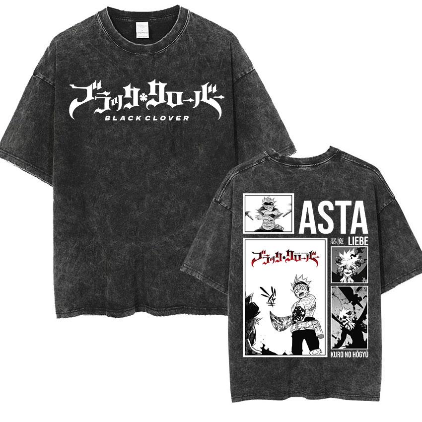 Vintage Washed Black Clover Asta Anime Oversized T-shirt Man's Fashion Loose O-Neck T-shirts Summer High Quality Cotton T Shirts