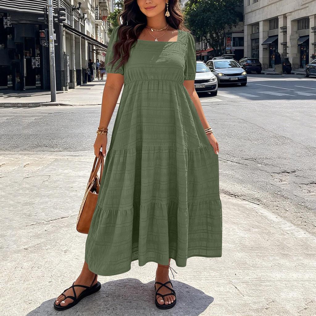 Women Plus Size Bohemian Maxi Dress Square Neck Puff Sleeve Loose Fit Casual Long Dress for Summer Beachwear