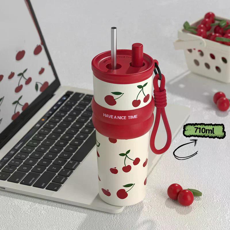 710ML Stainless Steel Cup Bow Cherry Flower Print Insulation Or Cooling High-capacity Cup With Lifting Rope Insulated Cup